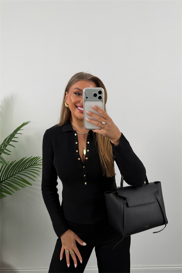 Lüx Kalite Polo Yaka Gold Çıtçıtlı Basic Çelik Triko Siyah