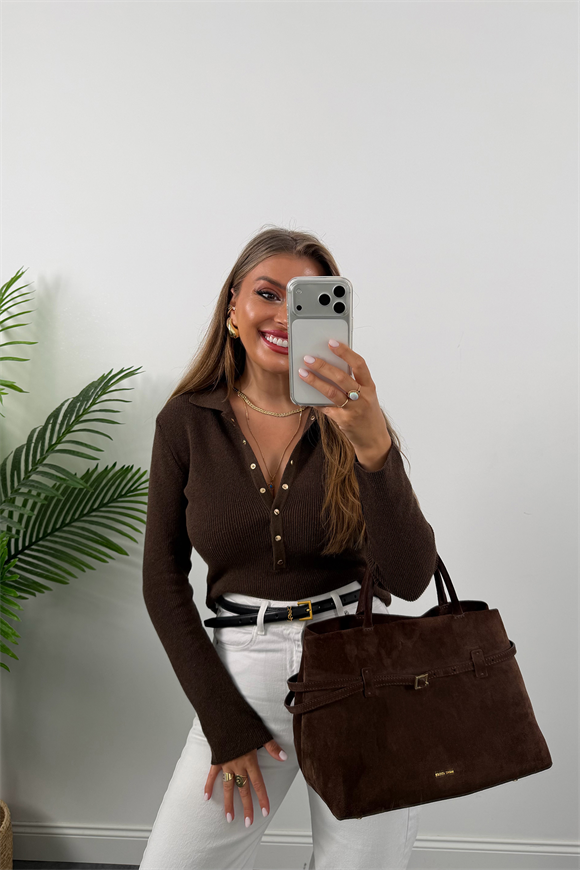 Lüx Kalite Polo Yaka Gold Çıtçıtlı Basic Çelik Triko Acı Kahve