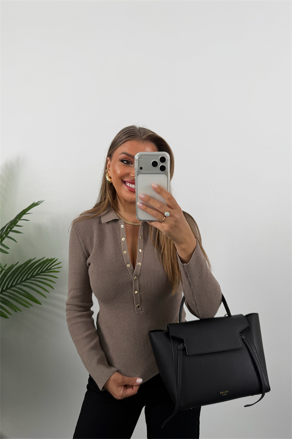 Lüx Kalite Polo Yaka Gold Çıtçıtlı Basic Çelik Triko Vizon