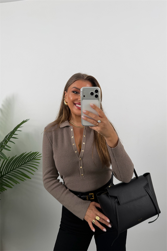 Lüx Kalite Polo Yaka Gold Çıtçıtlı Basic Çelik Triko Vizon