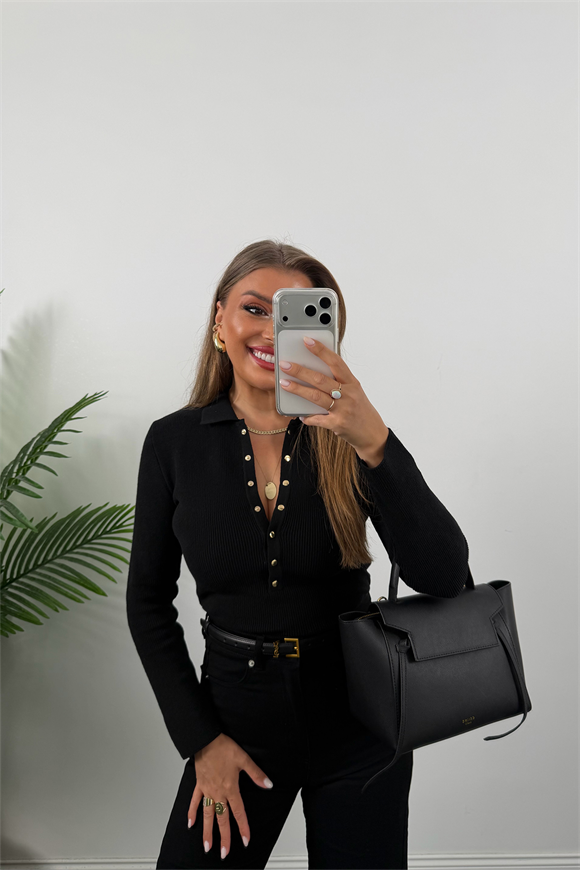 Lüx Kalite Polo Yaka Gold Çıtçıtlı Basic Çelik Triko Siyah
