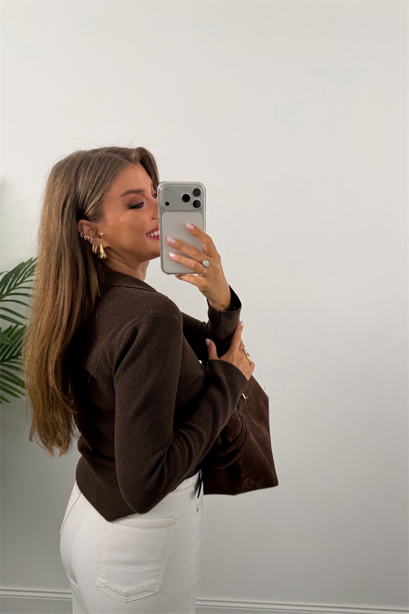 Lüx Kalite Polo Yaka Gold Çıtçıtlı Basic Çelik Triko Acı Kahve