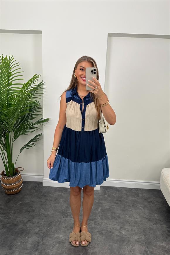 Lüx Kalite Renk Geçişli  Kısa Salaş Keten Elbise İndigo Bej Desenli