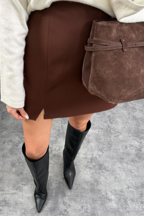 Lüx Kalite Şehir Boy Kalın Kumaş Şort Etek Kahverengi 