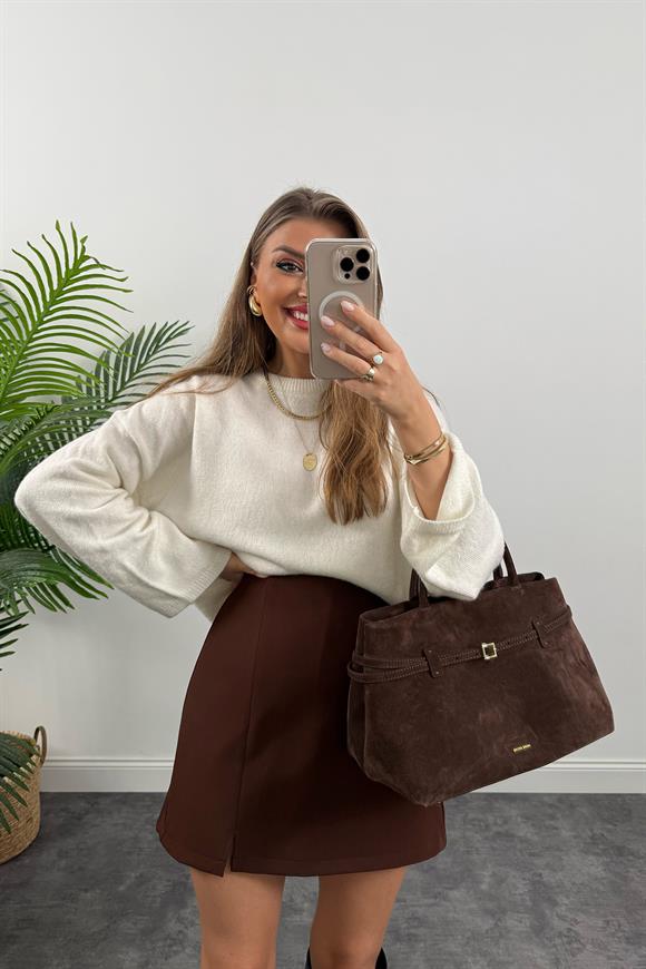 Lüx Kalite Şehir Boy Kalın Kumaş Şort Etek Kahverengi 