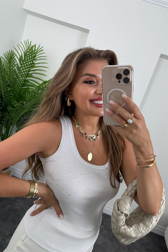 Lüx Kalite Serpme Taş Tam Pamuklu Tasarım Atlet Beyaz