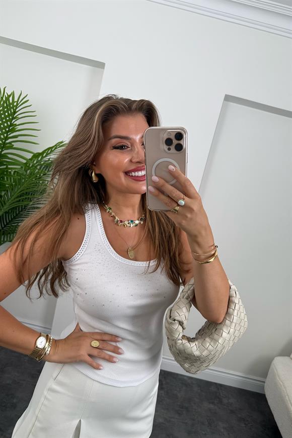 Lüx Kalite Serpme Taş Tam Pamuklu Tasarım Atlet Beyaz