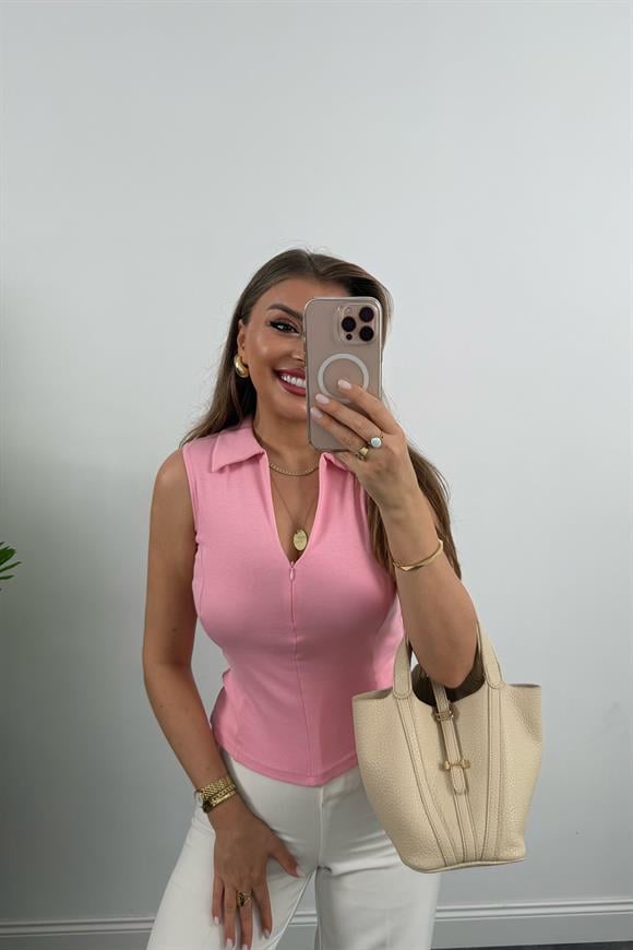 Lüx Kalite Sıfır Kol Polo Yaka Tam Pamuklu Basic Pembe