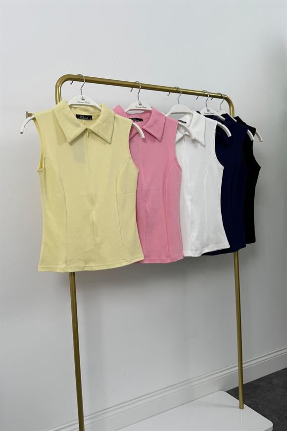 Lüx Kalite Sıfır Kol Polo Yaka Tam Pamuklu Basic Pembe