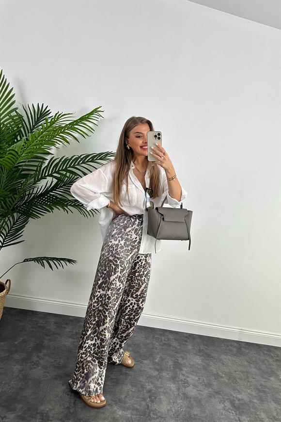 Lüx Kalite Soluk Efekt Parlak Kumaş Leopar Print Saten Palazzo