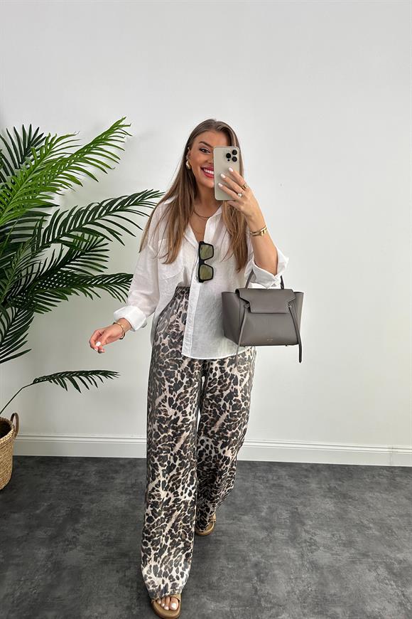 Lüx Kalite Soluk Efekt Parlak Kumaş Leopar Print Saten Palazzo