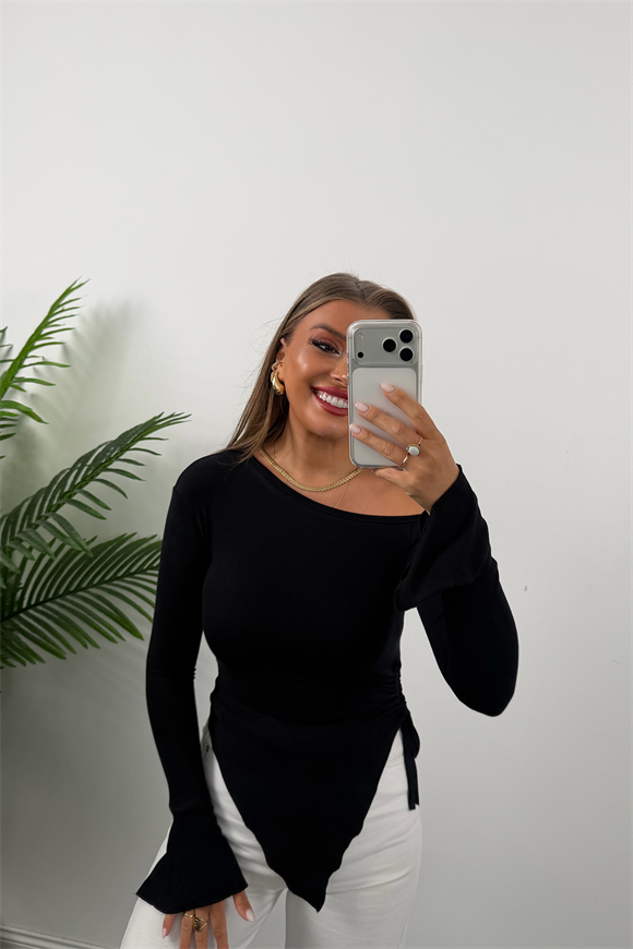 Lüx Kalite Tam Pamuklu Kayık Yaka Asimetrik Basic Bluz Siyah