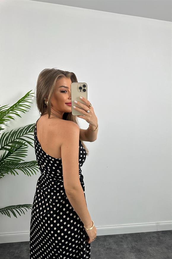 Lüx Kalite Tek Omuz Bel Detaylı Maxi Boy İpekli Krep Elbise Puantiye