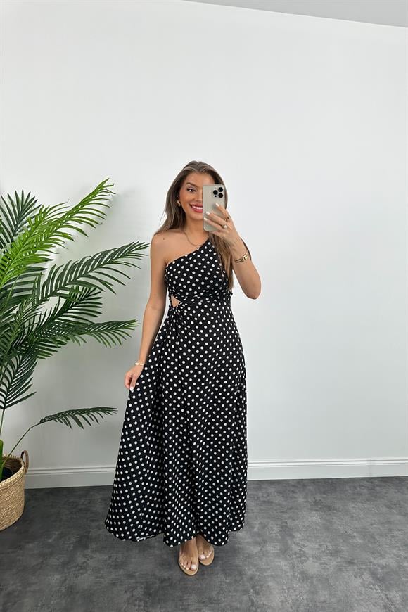 Lüx Kalite Tek Omuz Bel Detaylı Maxi Boy İpekli Krep Elbise Puantiye