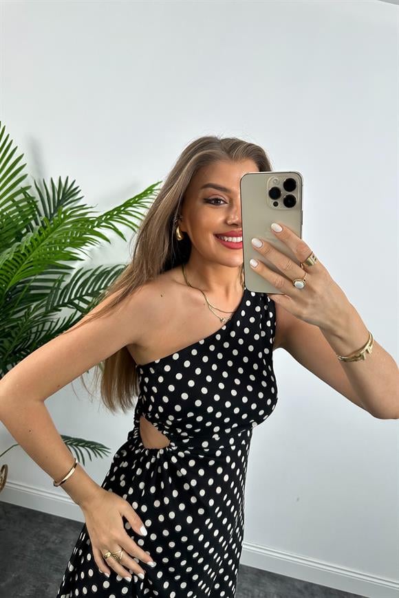 Lüx Kalite Tek Omuz Bel Detaylı Maxi Boy İpekli Krep Elbise Puantiye