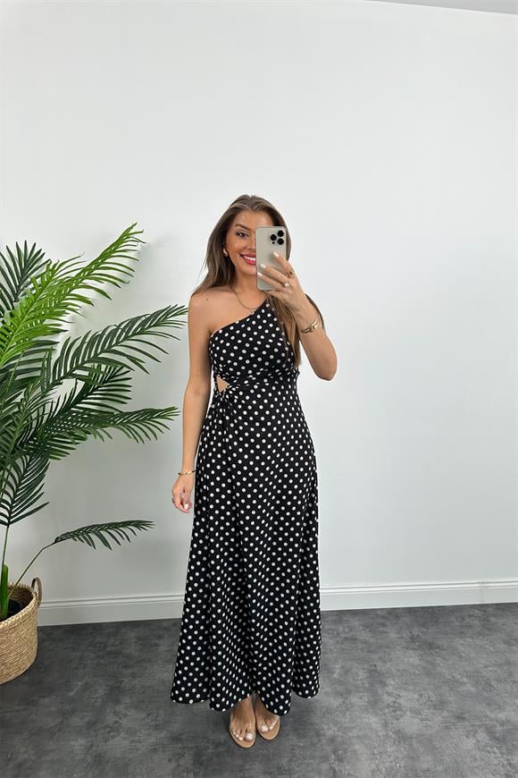 Lüx Kalite Tek Omuz Bel Detaylı Maxi Boy İpekli Krep Elbise Puantiye