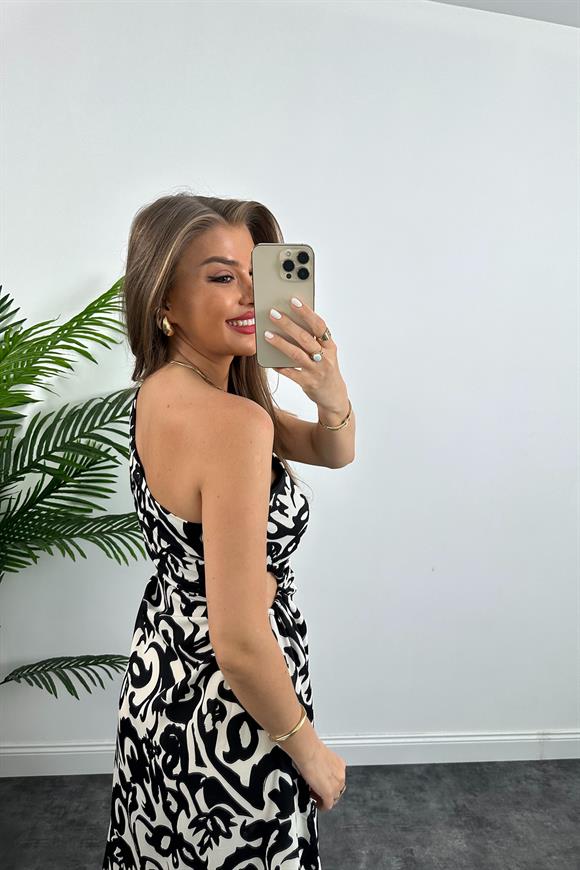 Lüx Kalite Tek Omuz Bel Detaylı Maxi Boy İpekli Krep Elbise Siyah Beyaz