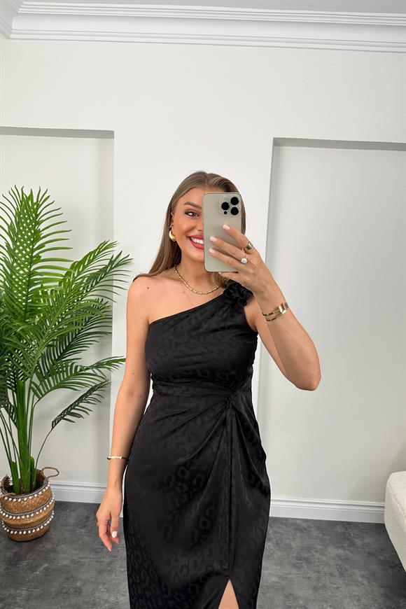 Lüx Kalite Tek Omuz Çiçekli Yırtmaçlı Maxi Boy Elbise Siyah