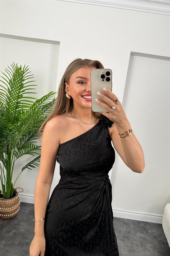 Lüx Kalite Tek Omuz Çiçekli Yırtmaçlı Maxi Boy Elbise Siyah