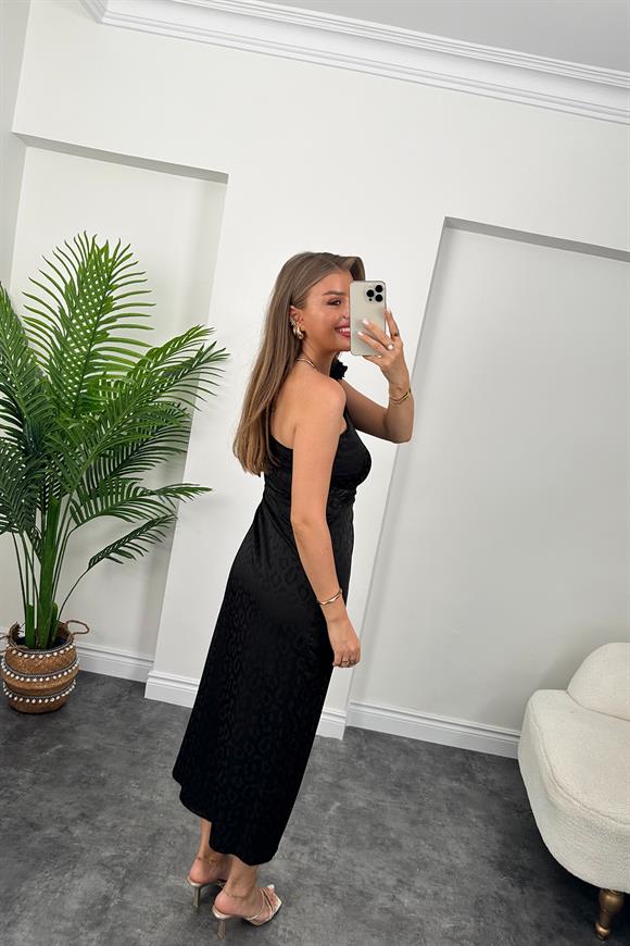 Lüx Kalite Tek Omuz Çiçekli Yırtmaçlı Maxi Boy Elbise Siyah