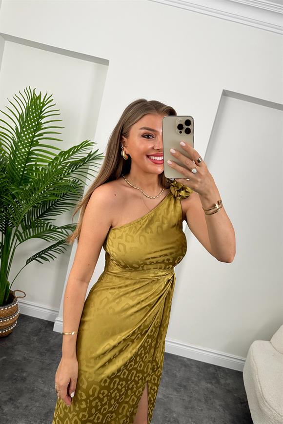 Lüx Kalite Tek Omuz Çiçekli Yırtmaçlı Maxi Boy Elbise Yağ Yeşili