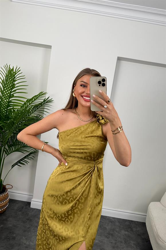 Lüx Kalite Tek Omuz Çiçekli Yırtmaçlı Maxi Boy Elbise Yağ Yeşili