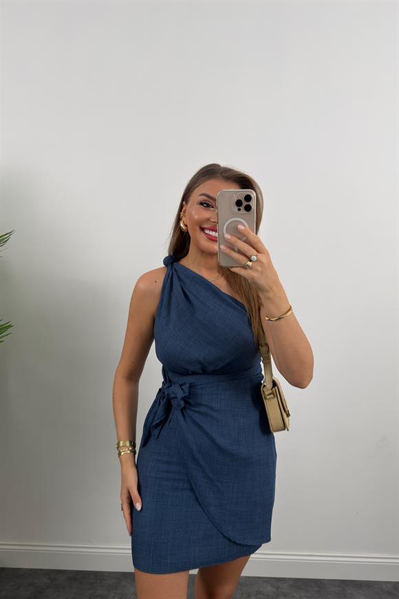 Lüx Kalite Tek Omuz Helen Model Anvelop Keten Elbise Lacivert 