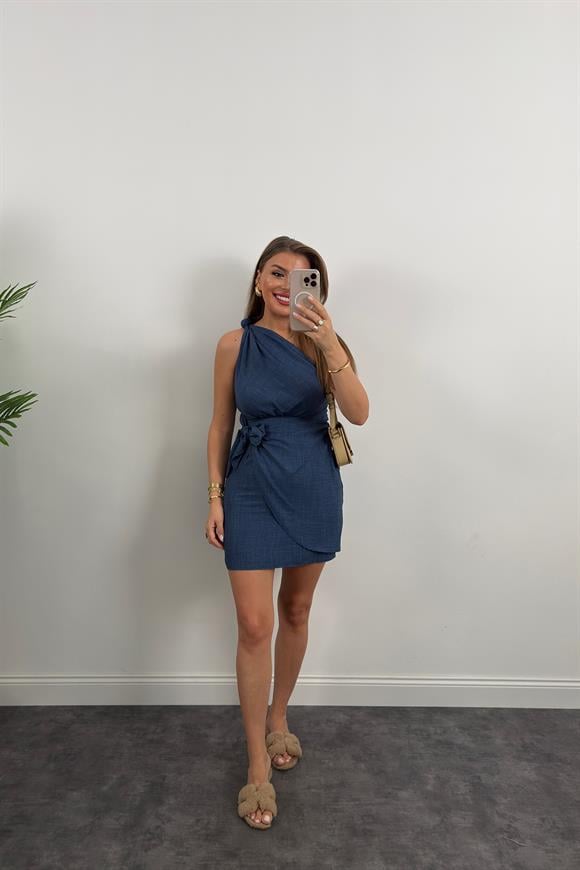 Lüx Kalite Tek Omuz Helen Model Anvelop Keten Elbise Lacivert 
