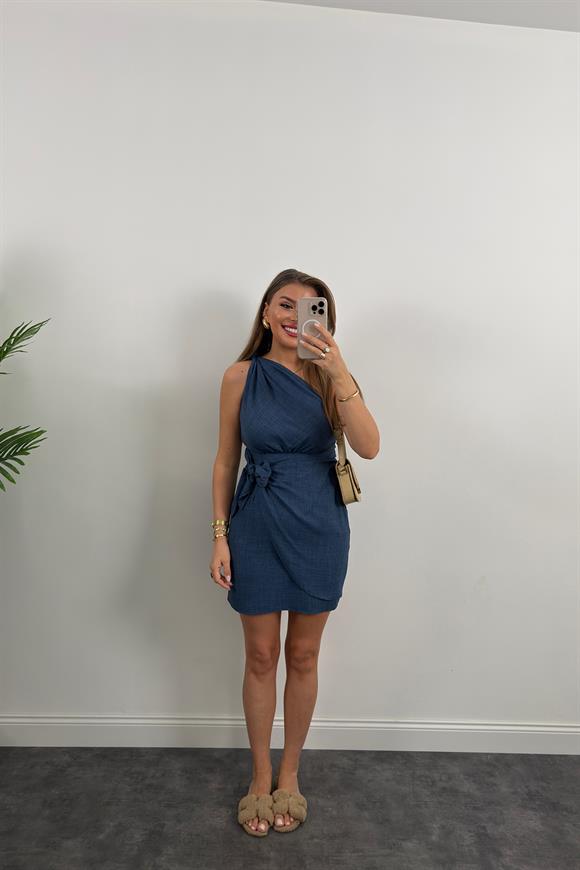 Lüx Kalite Tek Omuz Helen Model Anvelop Keten Elbise Lacivert 