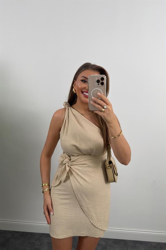 Lüx Kalite Tek Omuz Helen Model Anvelop Keten Elbise Taş 