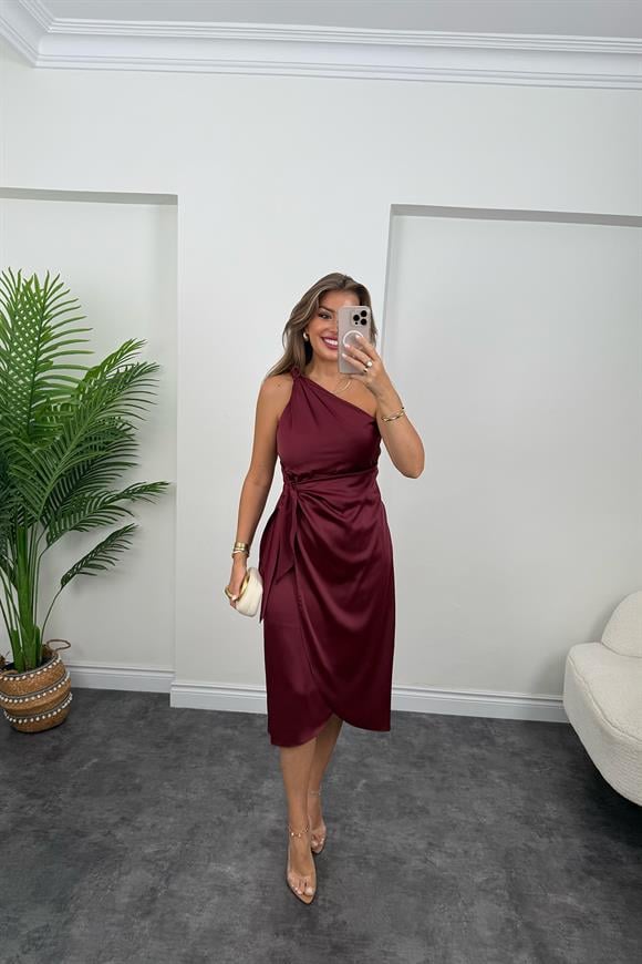 Lüx Kalite Tek Omuz Midi Boy Anvelop Elbise Bordo