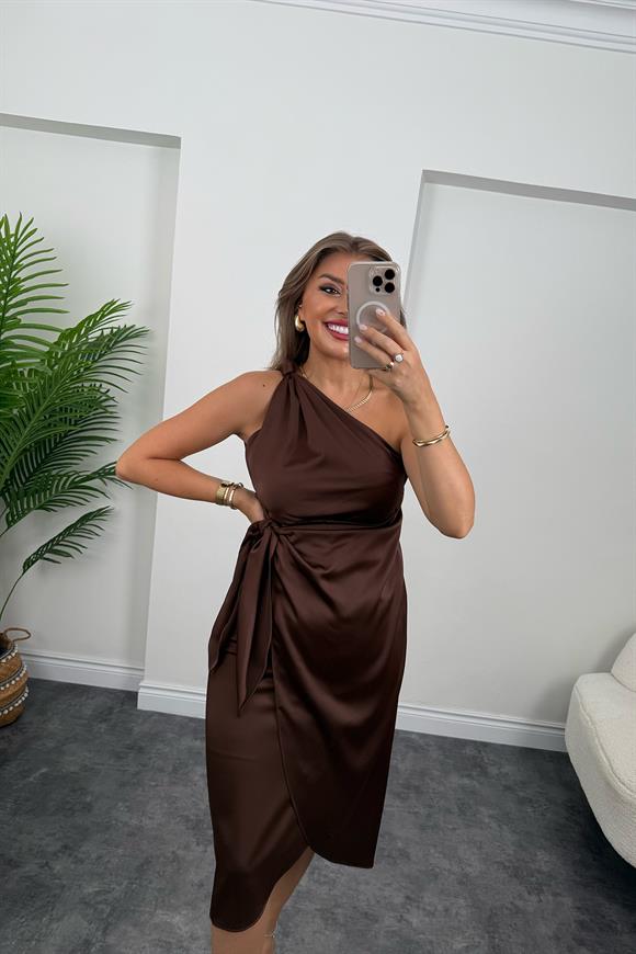 Lüx Kalite Tek Omuz Midi Boy Anvelop Elbise Acı Kahve