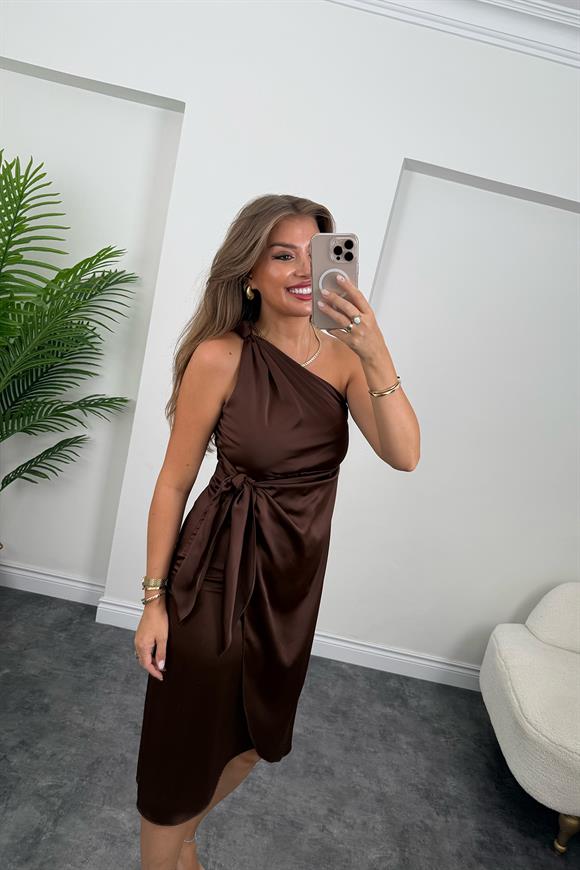 Lüx Kalite Tek Omuz Midi Boy Anvelop Elbise Acı Kahve