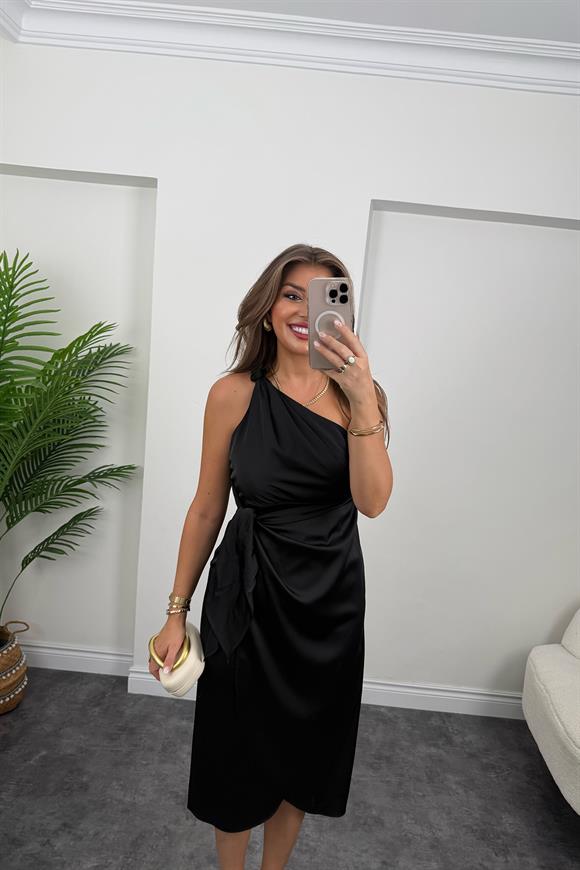 Lüx Kalite Tek Omuz Midi Boy Anvelop Elbise Siyah 