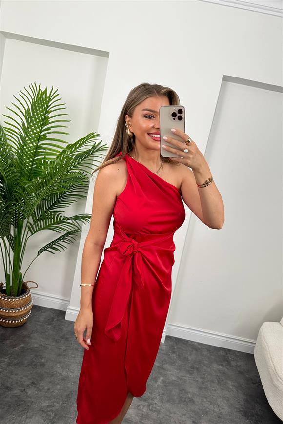 Lüx Kalite Tek Omuz Midi Boy Anvelop Elbise Kırmızı