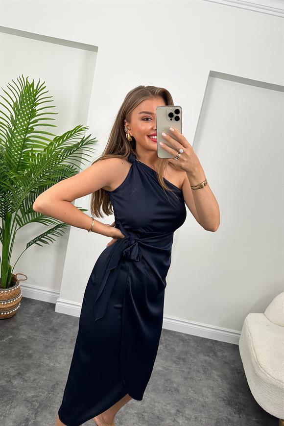 Lüx Kalite Tek Omuz Midi Boy Anvelop Elbise Lacivert