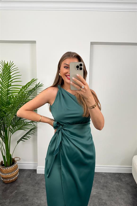 Lüx Kalite Tek Omuz Midi Boy Anvelop Elbise Zümrüt