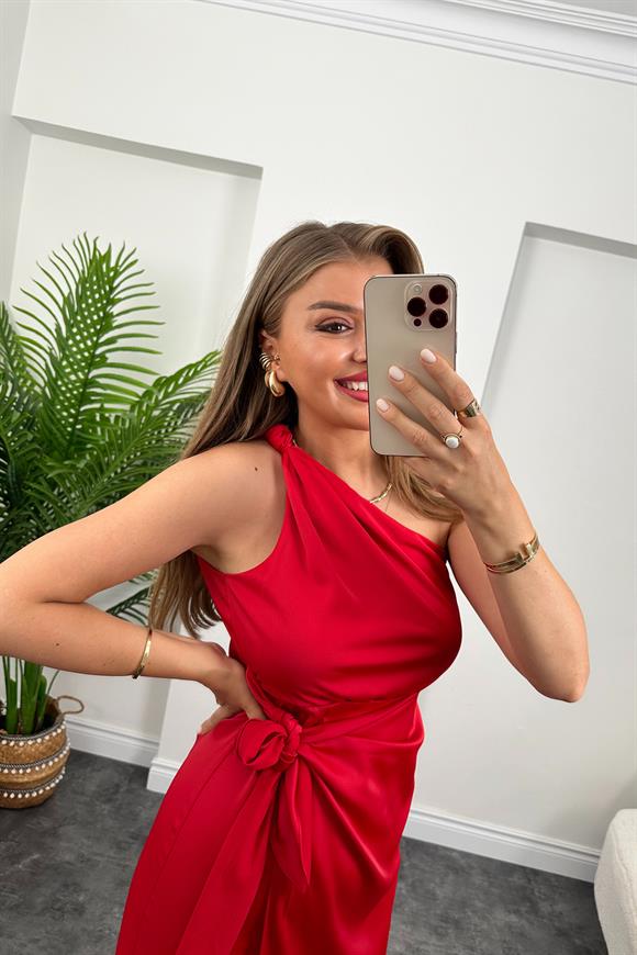 Lüx Kalite Tek Omuz Midi Boy Anvelop Elbise Kırmızı