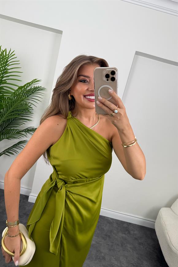 Lüx Kalite Tek Omuz Midi Boy Anvelop Elbise Yağ Yeşili