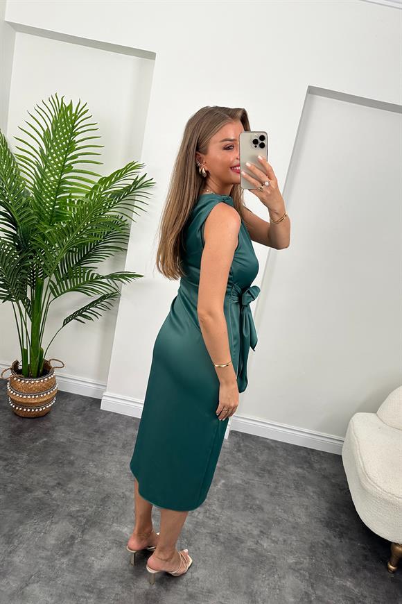 Lüx Kalite Tek Omuz Midi Boy Anvelop Elbise Zümrüt