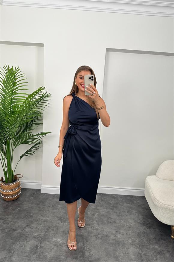 Lüx Kalite Tek Omuz Midi Boy Anvelop Elbise Lacivert