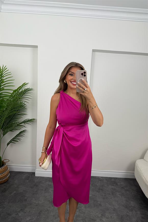 Lüx Kalite Tek Omuz Midi Boy Anvelop Elbise Fuşya 