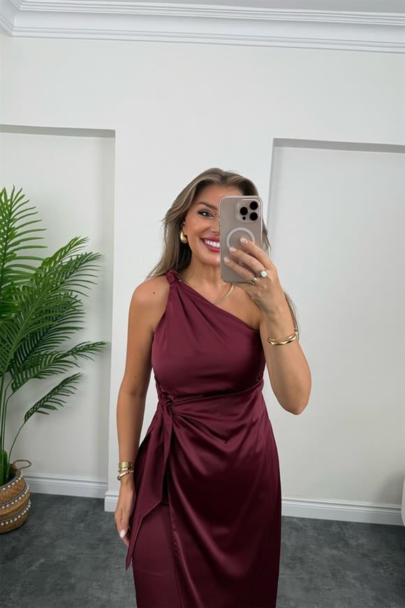 Lüx Kalite Tek Omuz Midi Boy Anvelop Elbise Bordo
