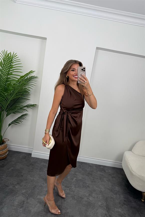 Lüx Kalite Tek Omuz Midi Boy Anvelop Elbise Acı Kahve