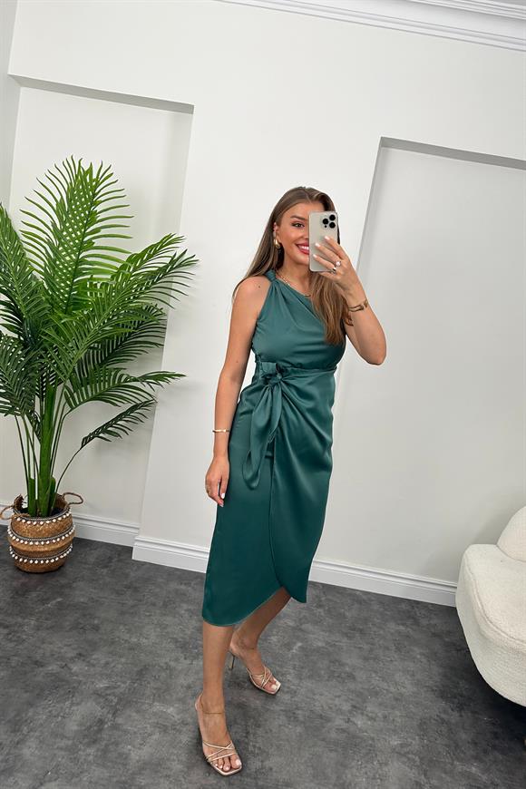 Lüx Kalite Tek Omuz Midi Boy Anvelop Elbise Zümrüt