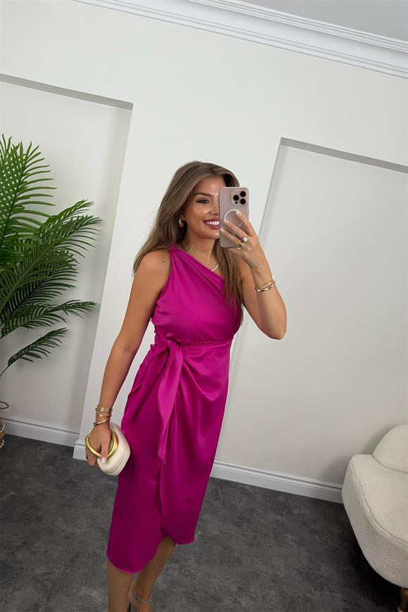 Lüx Kalite Tek Omuz Midi Boy Anvelop Elbise Fuşya 