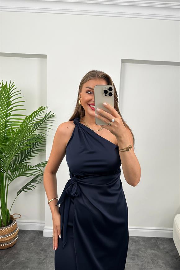 Lüx Kalite Tek Omuz Midi Boy Anvelop Elbise Lacivert
