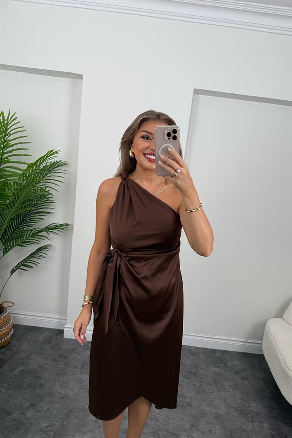 Lüx Kalite Tek Omuz Midi Boy Anvelop Elbise Acı Kahve
