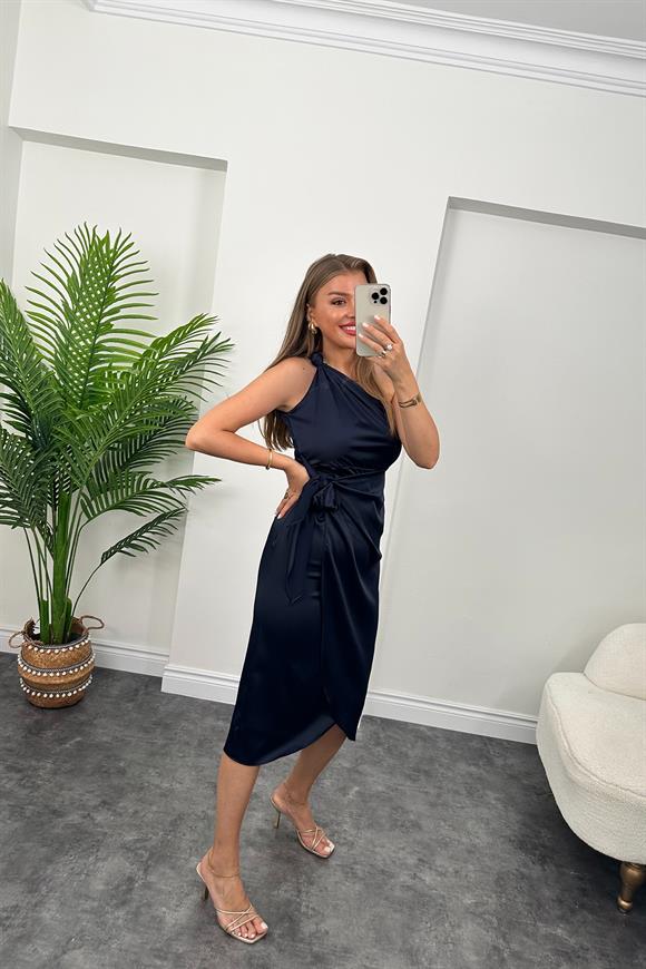 Lüx Kalite Tek Omuz Midi Boy Anvelop Elbise Lacivert