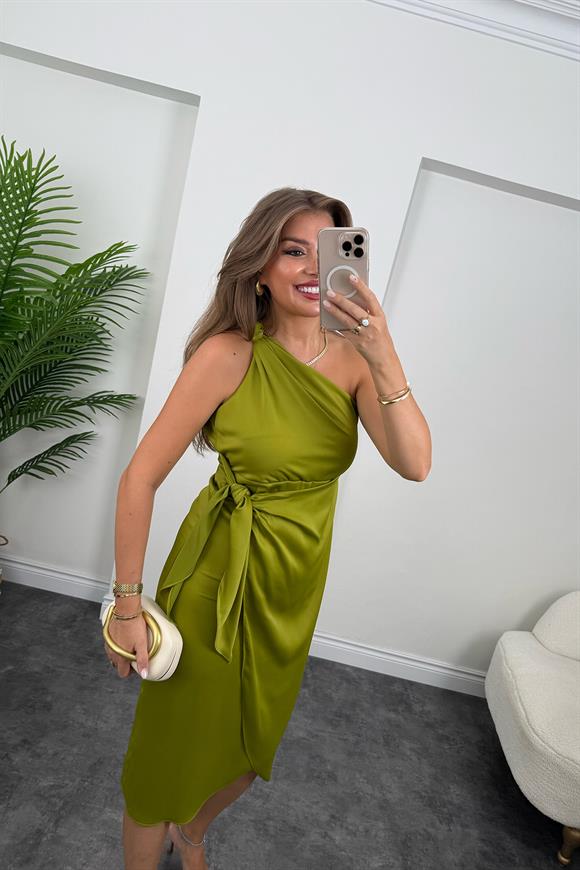 Lüx Kalite Tek Omuz Midi Boy Anvelop Elbise Yağ Yeşili